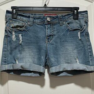 Y2K Red Rivet Womens Sz 11 5"  Cuffed Distressed Jeweled Embroidered Denim Short